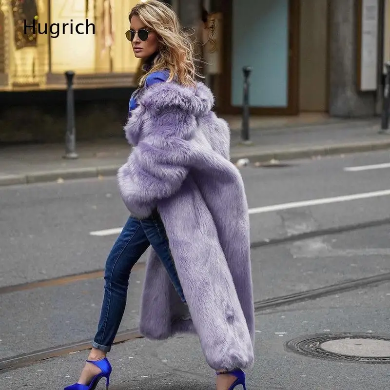 Trendy Women Stand Collar Faux Fur Long Coat Long Sleeve Oversized Street Style Cold Weather Outerwear