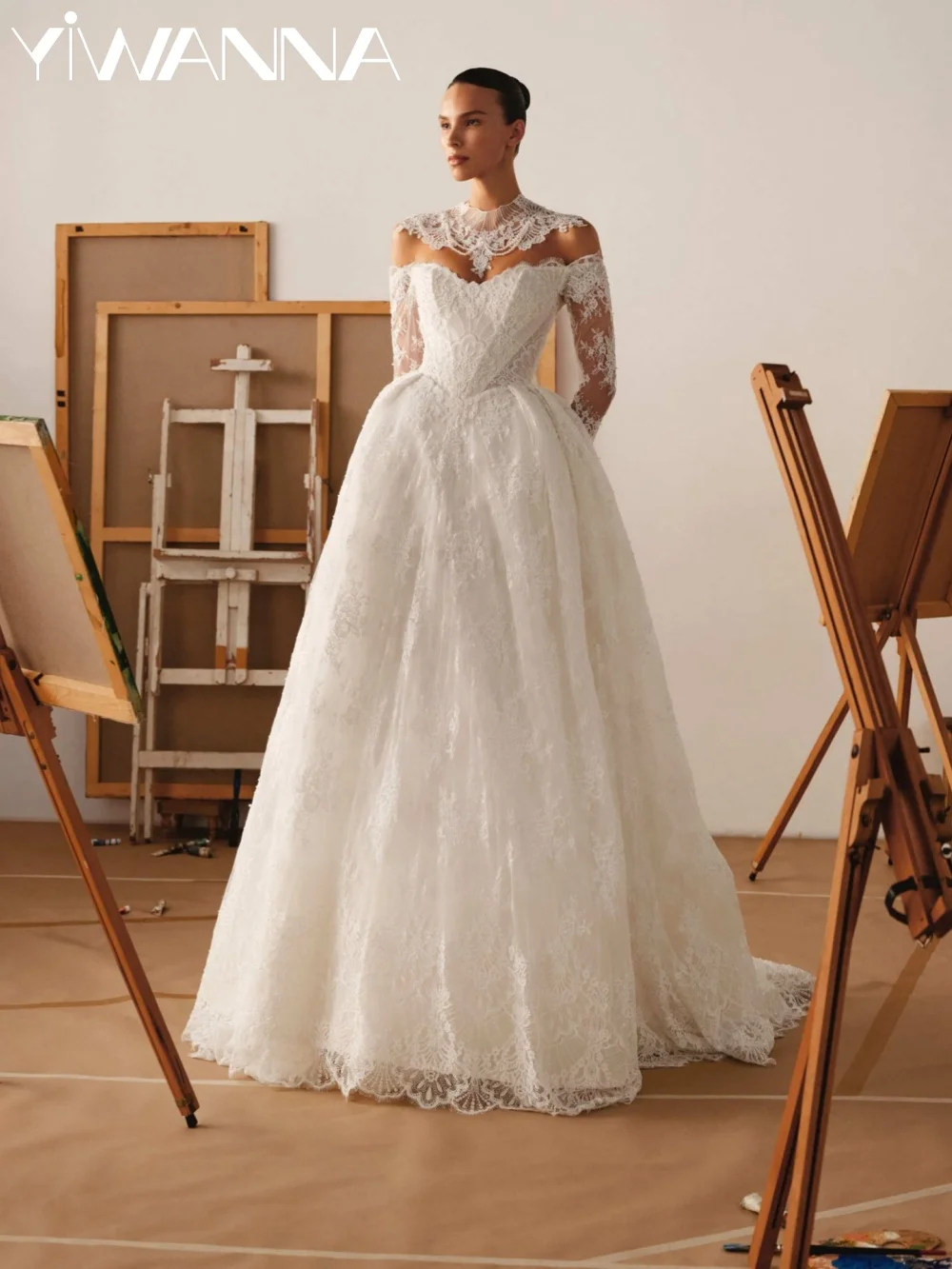 

Dreamy Shinny Beaded Wedding Dress Elegant Lace A-line Long Bridal Gown Customized Stunning Off Shoulder Dresses For Bride