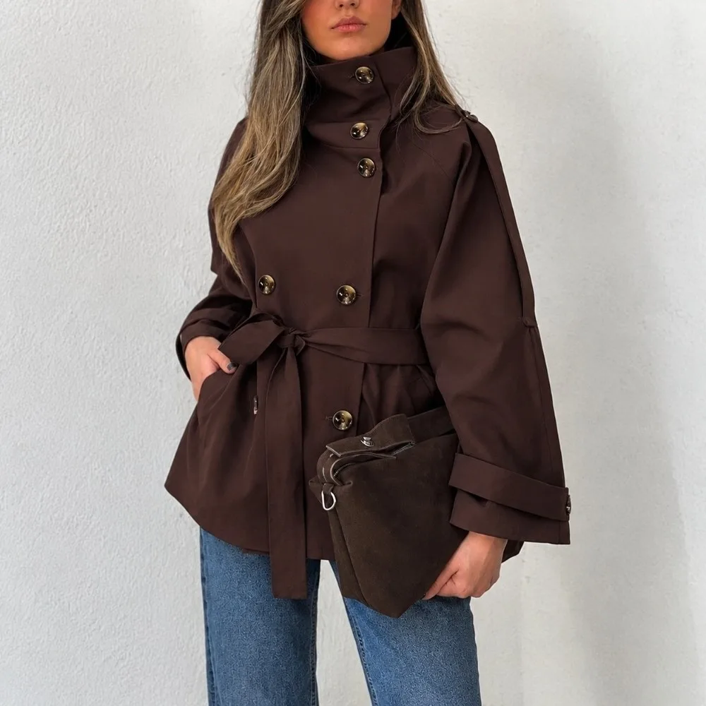 Brown Women Short Trench Coat Double Breasted Stand Collar Ladies Belted Windbreaker Loose Fit Belt Waist Women Casual Overcoat