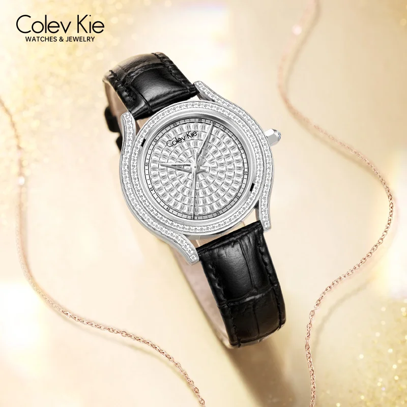 ColevKie-Relojes de pulsera con correa de cuero para mujer, reloj de cuarzo redondo con diamantes, conjuntos de regalo a la moda