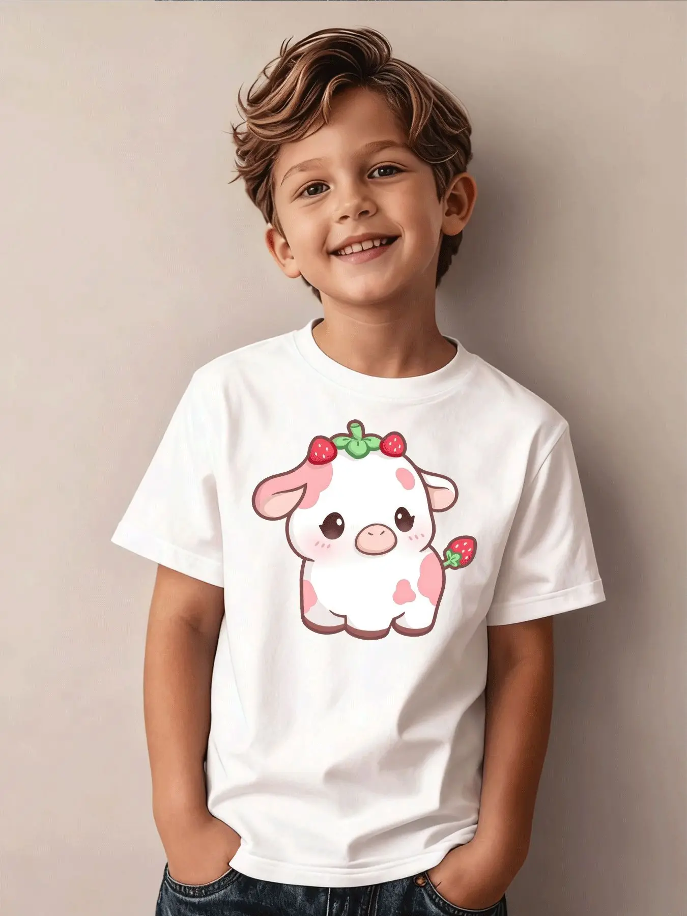 Summer Children's Fashion T-shirt Super Cute Strawberry Cow Design Printed T-shirt Parent Child Casual Daily Top