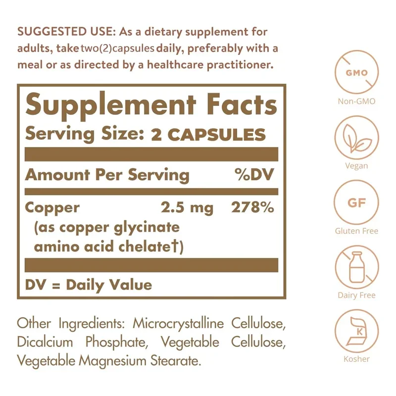 Chelated Copper Capsules - Supports The Nervous and Immune Systems Health, Enhances Cellular Function, and Replenishes Energy