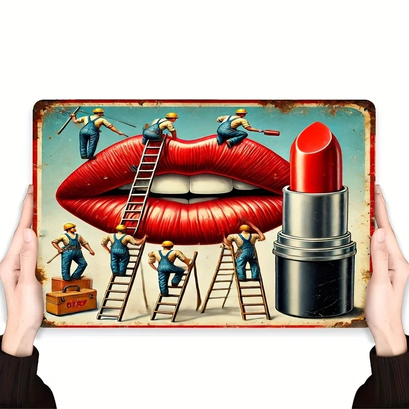 Vintage Lipstick Metal Wall Sign - , Retro Iron Art Decor with Dramatic Red Lips & Makeup Theme, Perfect for Bathroom, Kitchen,