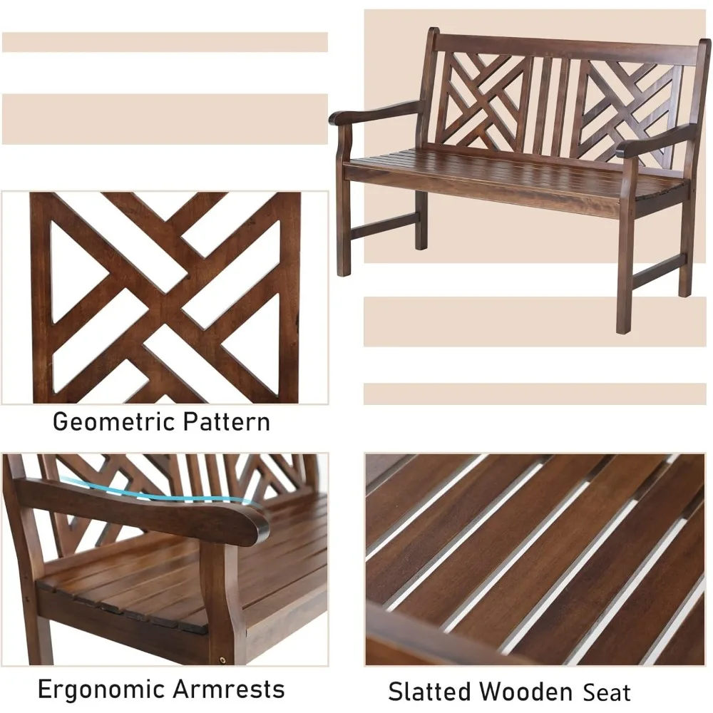 Outdoor Acacia Wood Garden Bench with Backrest and Armrest, 2-Person Slatted Seat Bench Patio Furniture for Porch Park Yard