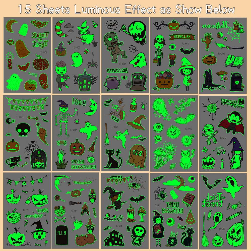 Luminous Halloween Tattoo Stickers Cartoon Glowing Temporary Tattoos For Kids Body Art Face Arm Fake Tattoos Gifts Decorations