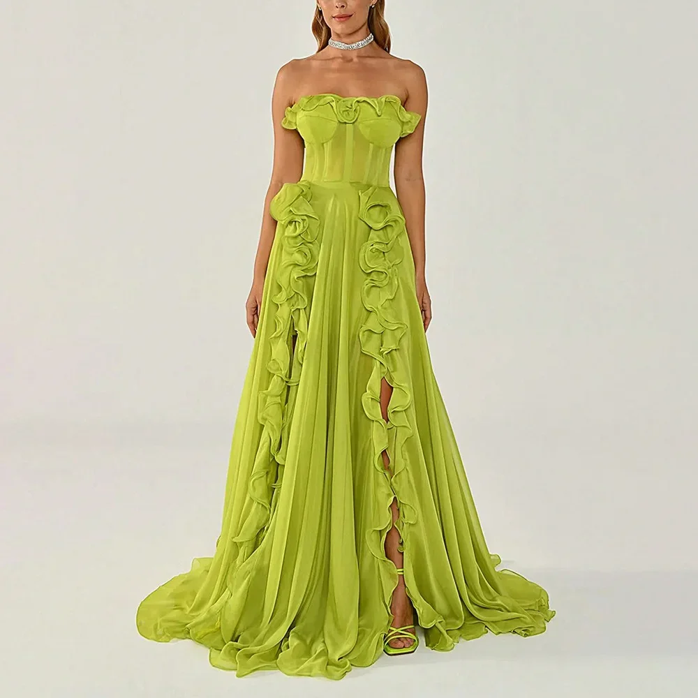 2024 Sleeveless Backless High Slit Party Long Dresses Luxury  Strapless Ruffled Green Birthday Dresses For Women