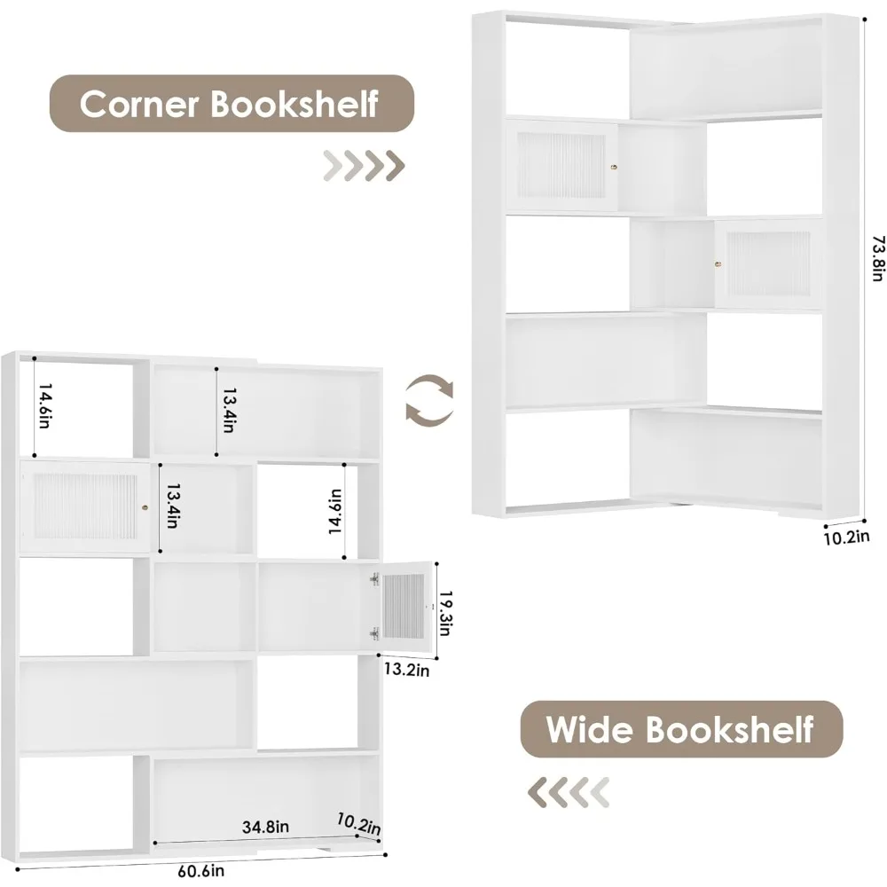 "رف كتب زاوية مكون من 5 طبقات مع أبواب، وخزانة كتب طويلة للتخزين للعرض والتنظيم"