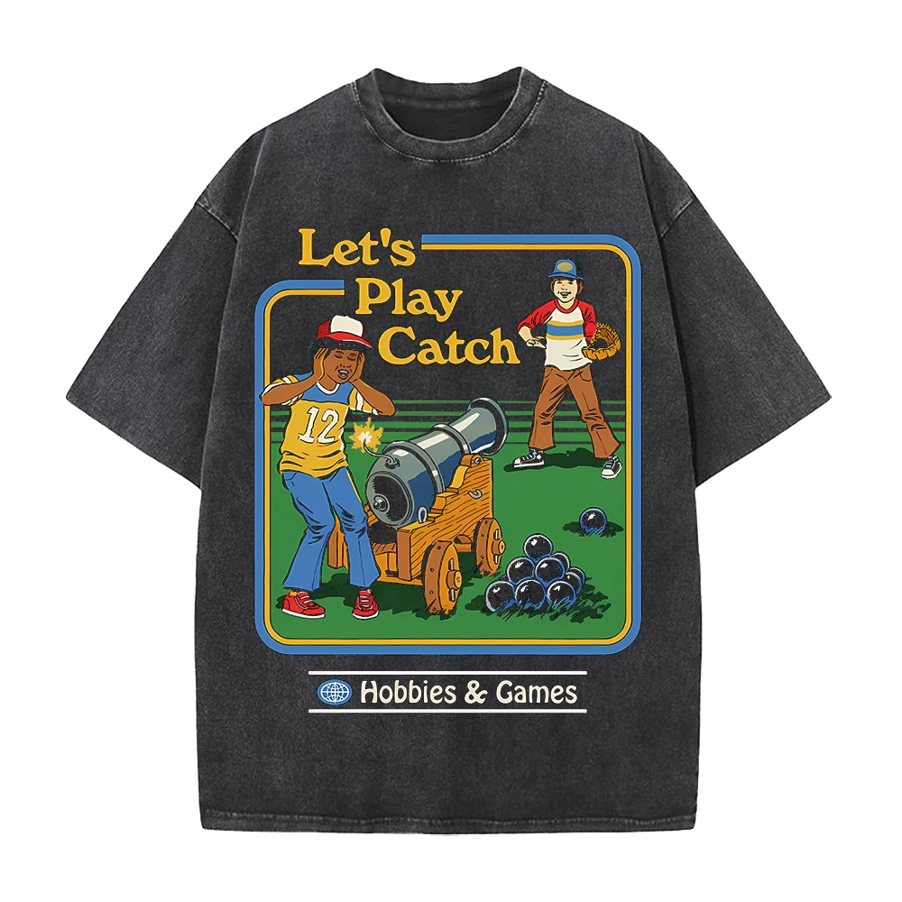 2026 Dark Comics Let's Play Catch Printed T-shirt  Vintage Washed T Shirt Men Clothing Short Sleeve Pure Cotton Tee Tops Clothes