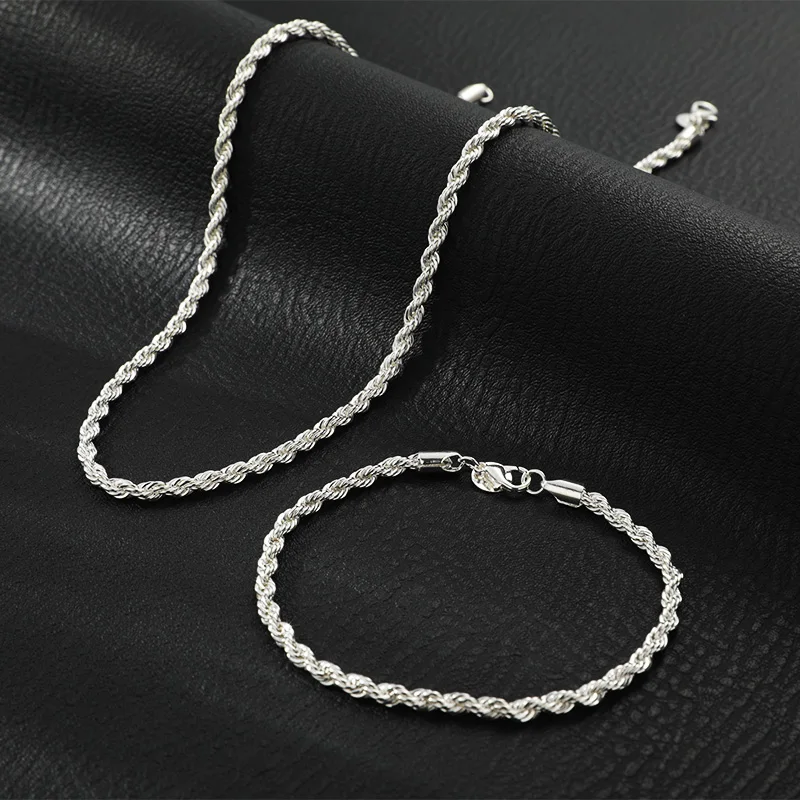 2pcs Silver Plated Necklace Bracelet For Men And Women Simple Hip Hop Style 4mm Twisted Twist Rope Iron Chain With Copper Lobste image 2