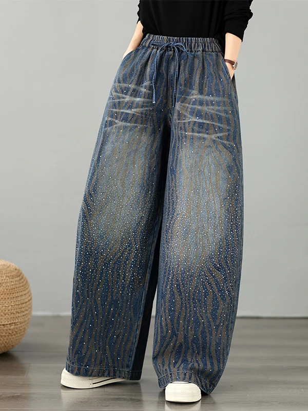 Casual High Waist Wide Leg Jeans Loose Fit Shiny Diamond Embellished Denim Pants Straight Cut Blue Cotton Polyester Blend