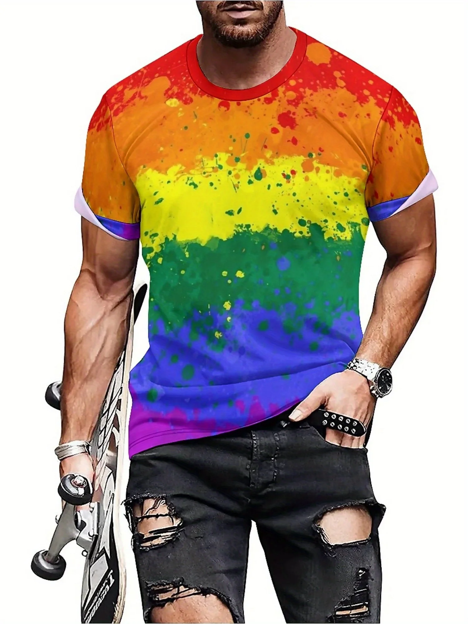 Camiseta de manga corta con estampado 3D de arcoíris para hombre en estilo europeo y americano Con estilo étnico, perfecta para vacaciones