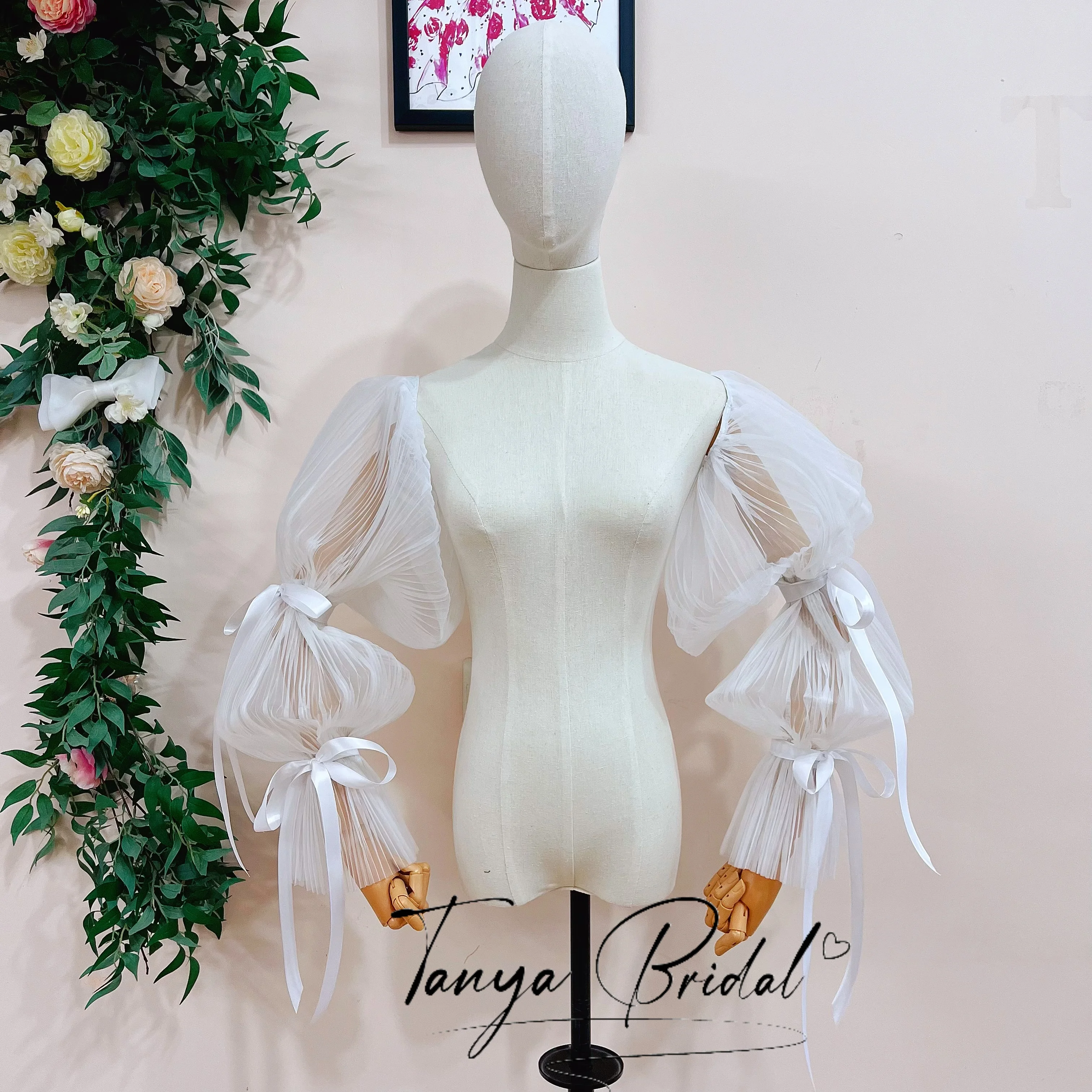 Detachable Long Puffy Tulle Wedding Dress Sleeves with Sash Removable Arm Cover Accessory for Prom Evening Party Wedding