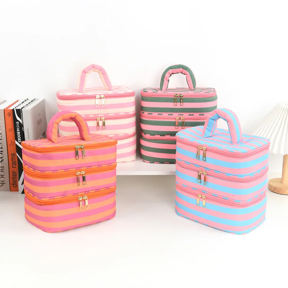 3-Layer Striped Makeup Bag Portable Travel Organizer  Waterproof Independent Compartments Large Capacity Toiletry Storage Case