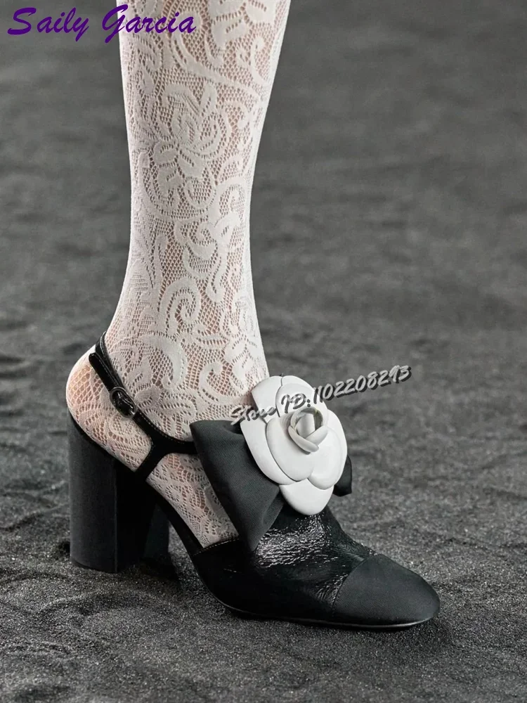 

Туфли-лодочки на массивном каблуке с камелией, атласные лоскутные туфли с квадратным носком и ремешками с пряжкой, летние женские модельные туфли на высоком каблуке 2021, модная обувь