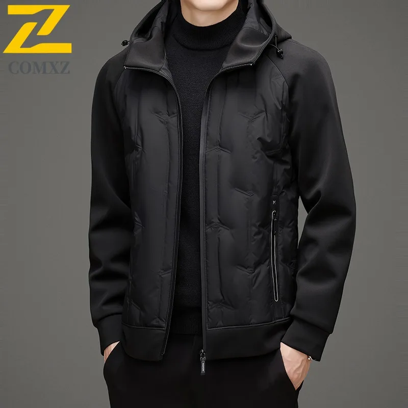 COMXZ Brand Puffer Jacket Men Fashion Classics Hooded Outdoor Snow Lightweight Padding Coat White Duck Down Winter Down Jacket