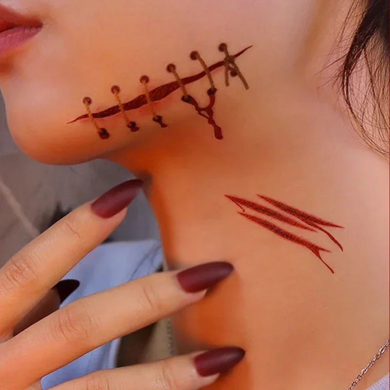 Tattoo Sticker Halloween Horror Bleed Scar Nail Waterproof Temporary Fake Tatto for Men Women Makeup Face Body Art