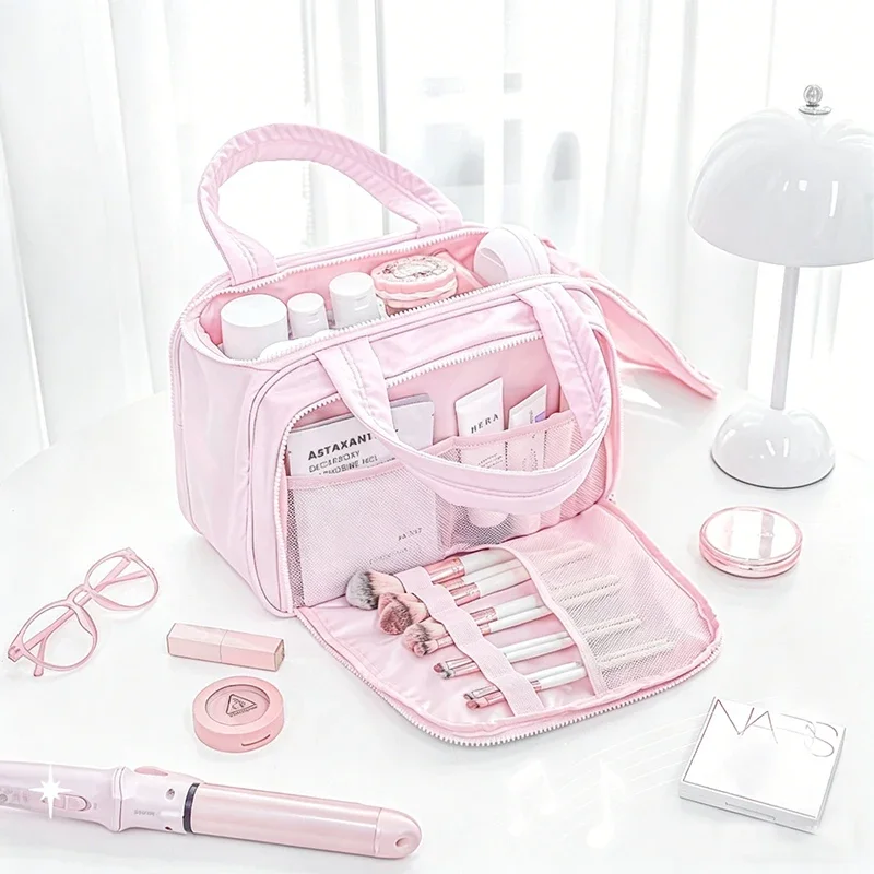 Cute Large-capacity Makeup Bag Portable Travel Toiletry Bag Strawberry Polka-dot Print Girls Multi-layer Waterproof Storage Bag