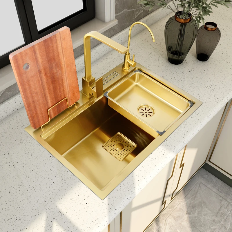 Gold Nano Multifunctional Stepped 304 Stainless Steel Sink Large Single Sink Kitchen Vegetable Basin Thickened Undercounter