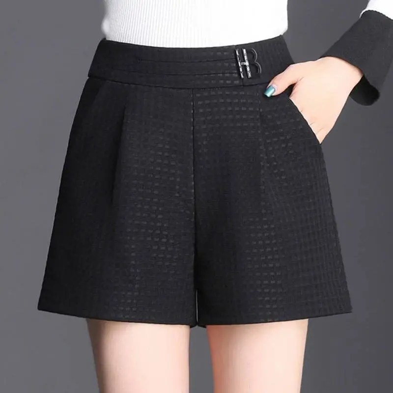 Simplicity Office Lady Fashion Autumn New Women Printing Pockets Korean Casual Elastic High Waist Loose A-line Wide Leg Shorts