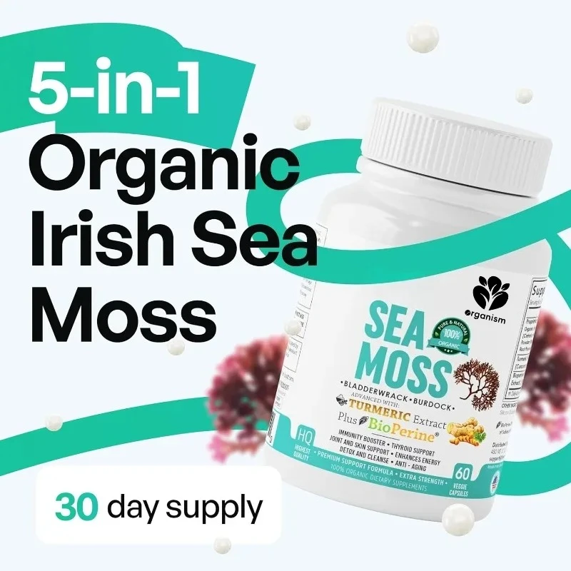 

Органические ирландские водоросли, смешанные с куркумой, корнем лопуха и рыбой-меч, улучшенные черным перцем - 60 капсул