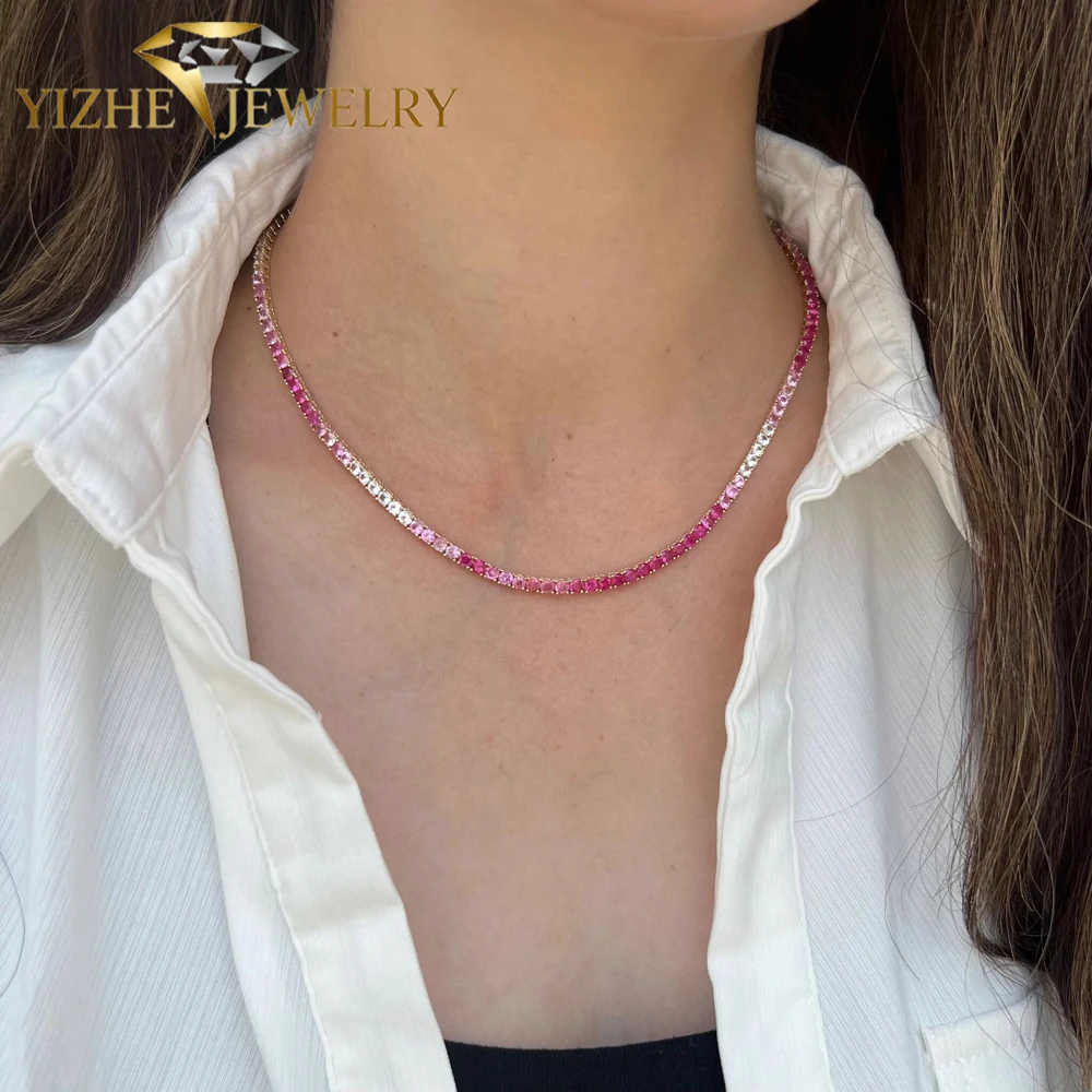 Colorful Pink Color CZ Cubic Zirconia Tennis Chain Choker Necklace Bracelet Women Fashion Beautiful Jewelry view 5