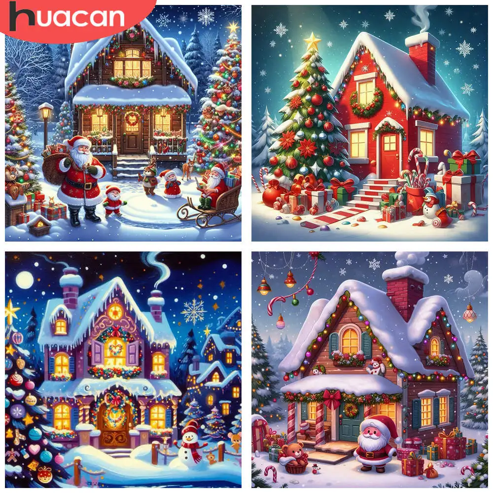 HUACAN 1 Stück Diamant-Gemälde, Weihnachtshütte und Weihnachtsszene, festliche 5D-Diamant-Sticksets zum Selbermachen, voller Bohrer, Mosaikbild