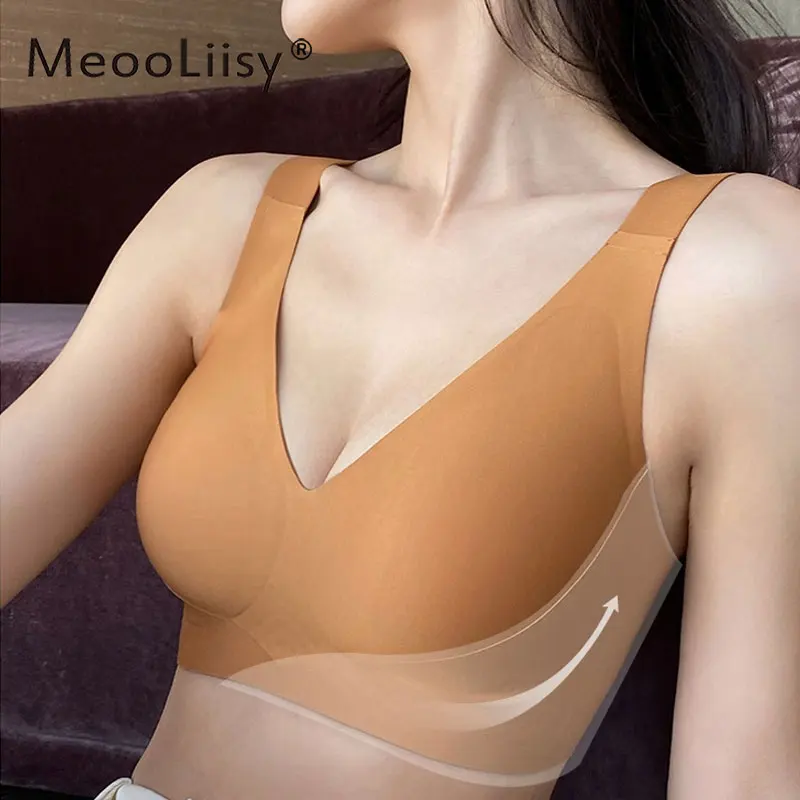 MeooLiisy Big Size Seamless Underwear Lady Minimizer Deep V Thin Cup Bras for Women Wireless Comfortable Lingerie C-F Cup