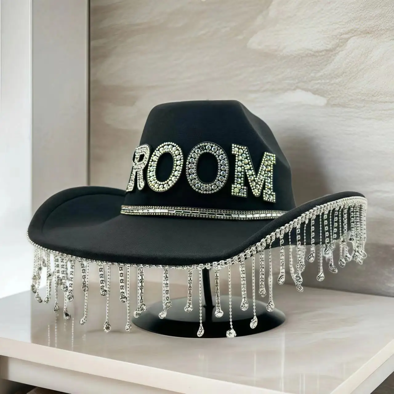 HongLuan Schwarzer Hochzeits-Bräutigam-Kostümhut für Erwachsene, Cowboy-Hüte mit Strasssteinen für Herren, Cowboy-Cosplay-Accessoires und Cowgirl-Kappe