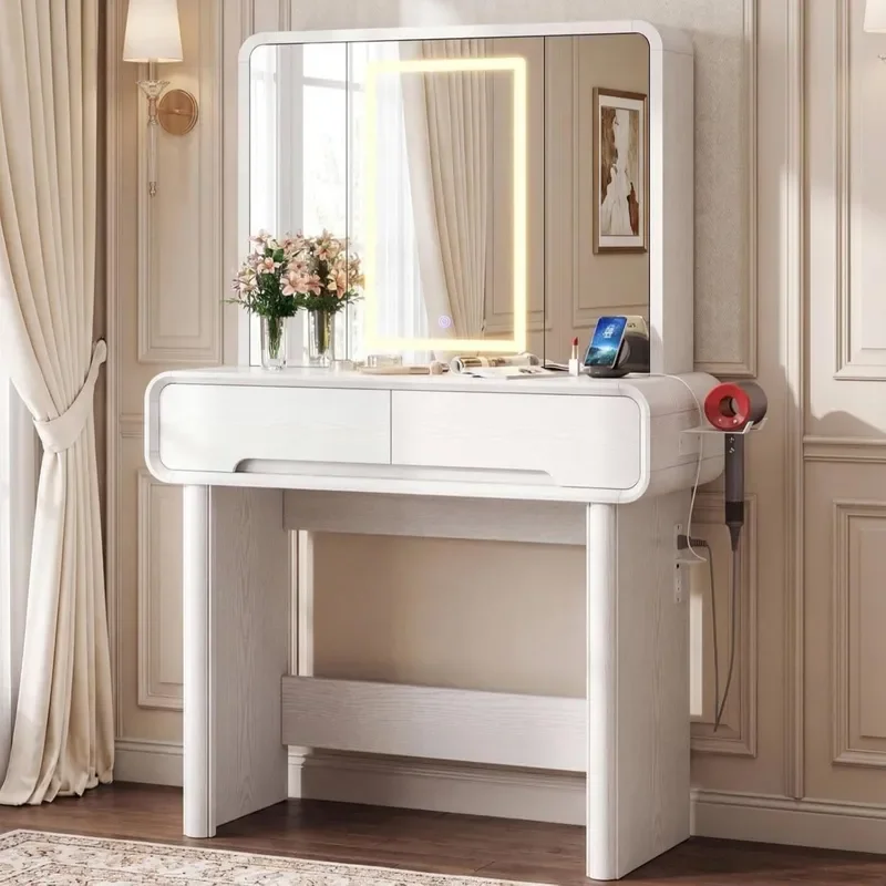 Vanity Makeup Desk with Lights and 3-Sided Foldable Mirror Elegant Bedroom Dressing Table with Charging Station Hair Dryer