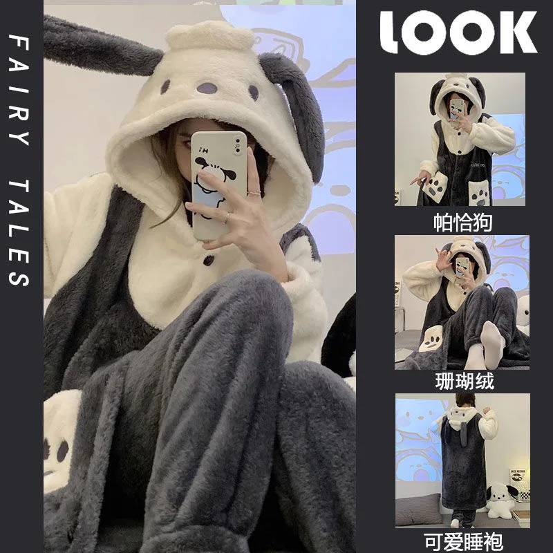 MINISO Grey Pochacco Robes Cosplay Costumes Halloween Dog Onesies Anime Adult Nightgown Xmas Carnival Funny Pajamas Kigurumi