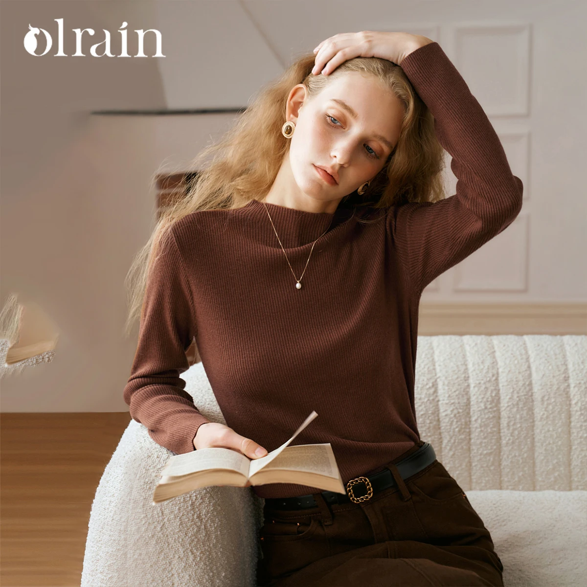 

OLrain Women's Pullover Sweaters Solid Mock Neck Long Sleeve Sweater 2026 Autumn New in Knitting Female Clothing M56QZ86530