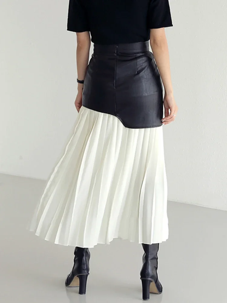 Casual Patchwork Pu Skirt For Women High Waist Midi Folds Pleated Skirts Female 2024 Spring Fashion Clothing Style