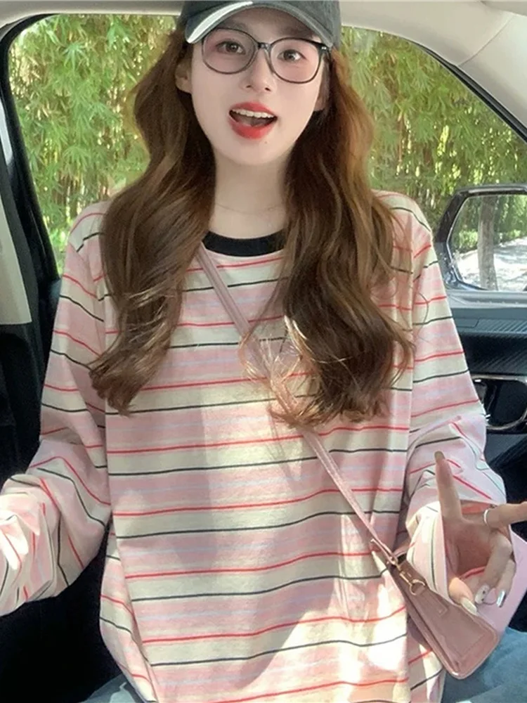 

Pink Striped Long Sve Women's T-irt Loose Fit Casual Design Base Layer irt Top Korean Sle Commute Faion Polyester ...