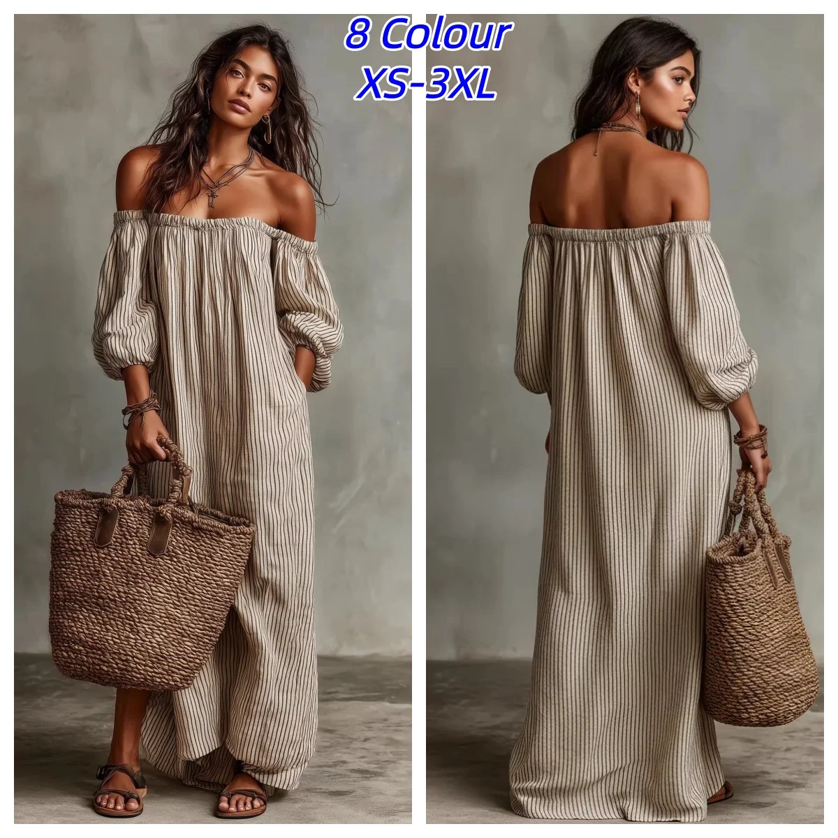 Summer Beach Vacation Maxi Dress Woman Sexy Off Shoulder Puff Sleeve Long Dresses Vintage Striped Print Pocket Boho Dresses