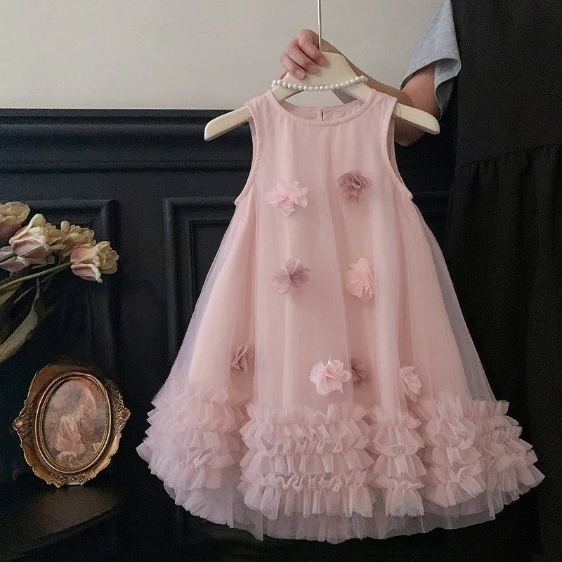 

2025 summer new pink girls dress sleeveless temperament three-dimensional flower mesh kids clothes
