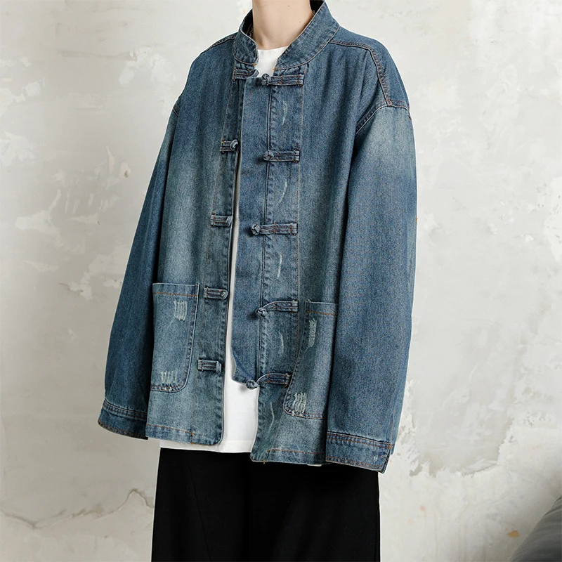 Streetwear Fashion Men's Spring and Autumn Jackets Washed Tops Baggy Denim Jacket Men Chinese Kung Fu Tang Suit Casual Coat Male