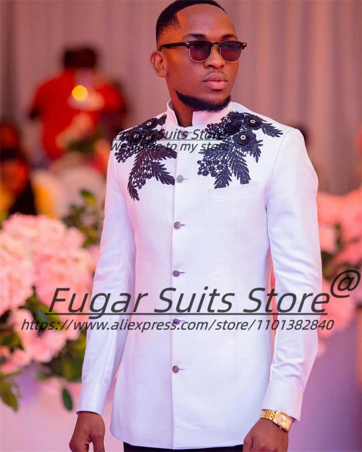 

Classic Chinese Style Rhinestone Sequins Men Suits Luxuly 3D Lace Regular Groom Wedding Tuxedos 2 Pcs Sets Elegant Costume Homme