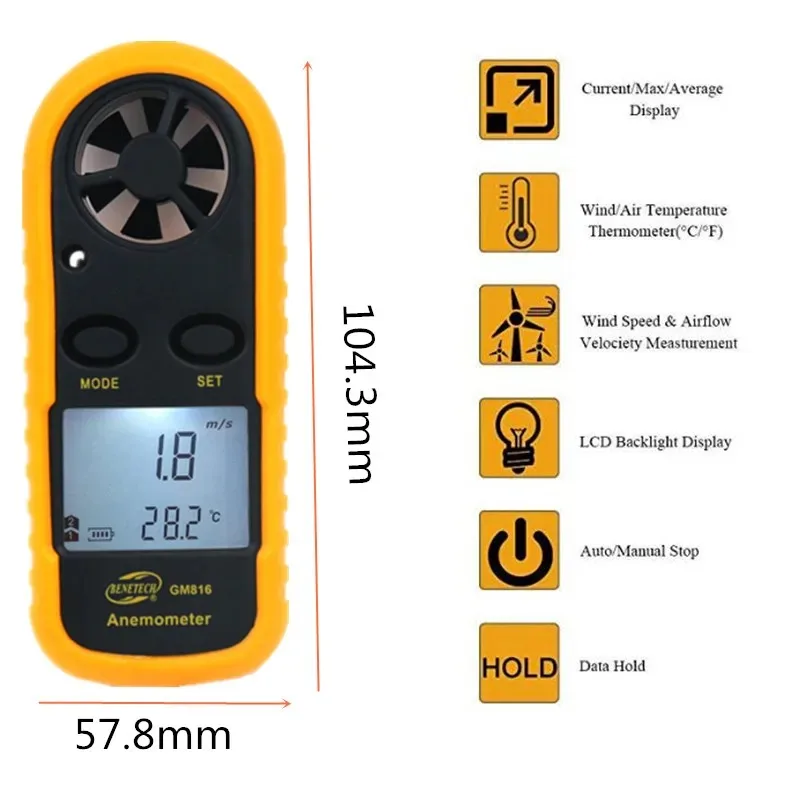 GM816 Digital Anemometer Wind Speed Mini Air Velocity Airflow Temperature with LCD Backlight Wind Speed Meter