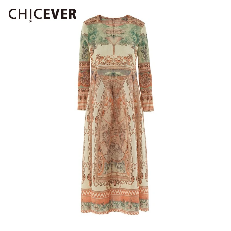 

CHICEVER винтажное свободное платье с принтом для женщин, пуловер с круглым вырезом и длинными рукавами, высокой талией, плиссированное женское платье средней длины