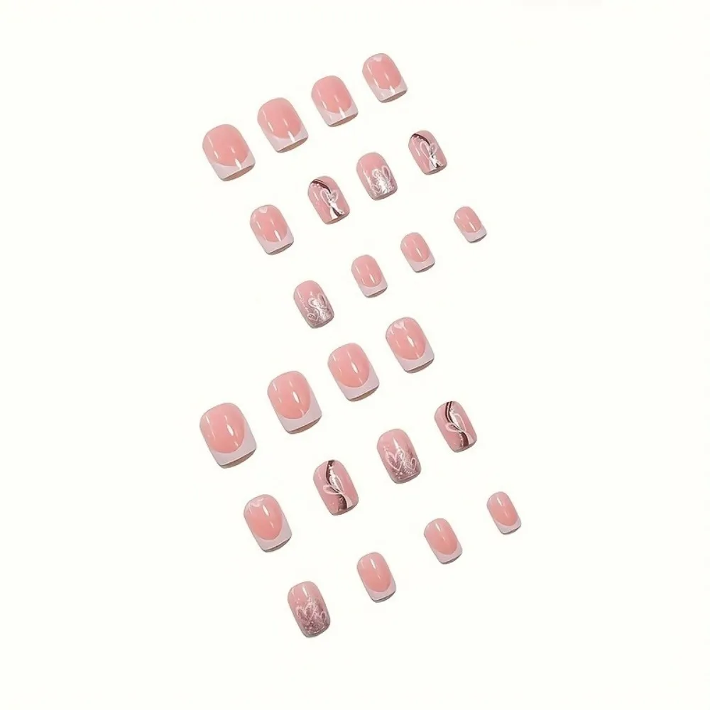 24pcs Short Square French White Heart Glitter Design Full Cover Reusable False Nail Tips For Manicure Nude Pink Press On Nails image 6