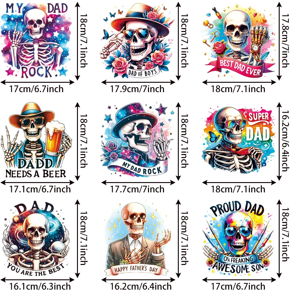 9 pezzi di teschi colorati luminosi adesivi termoadesivi trasferimento di calore decalcomanie per pressa di calore fai da te