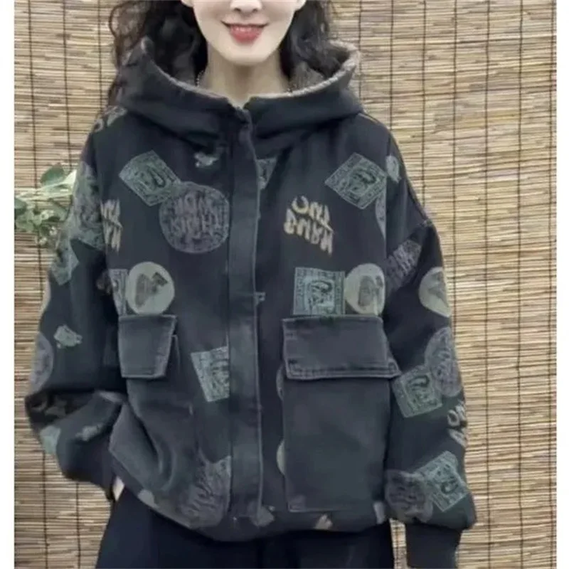 Winter Denim Coat For Women Denim Print On Both Sides Plush And Thick Casual Hooded Cowboy Jacket Female Denim Overcoat New