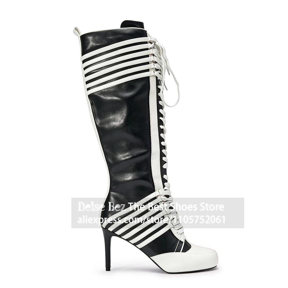 Colorblock Lace Up Stiletto Knee High Boots Vintage Sporty Style Boxing Boot Multi White Strap Side Zipper Stiletto Heel Boots