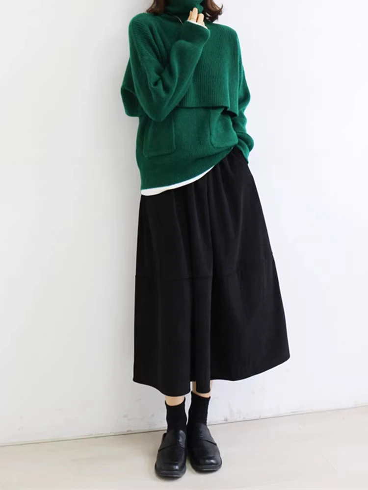 الرجعية سروال قصير ميدي ألف خط تنورة المرأة الخريف الشتاء جديد Sle عالية الخصر التخسيس تنورة طويلة مظلة تنورة