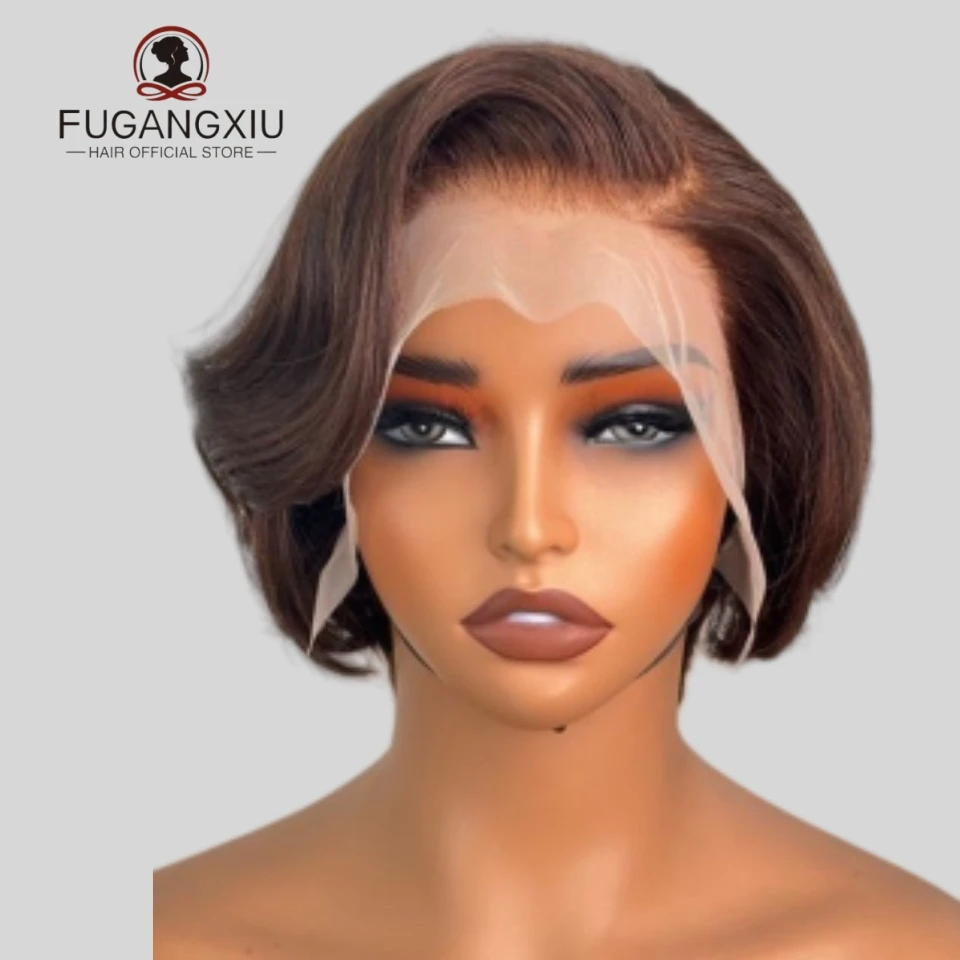 

13 × 4 фронтальный кружевной парик Реми для женщин 8 дюймов короткий прямой парик из натуральных волос с стрижкой пикси натуральный черный/ # 4 цвета, плотность 150%