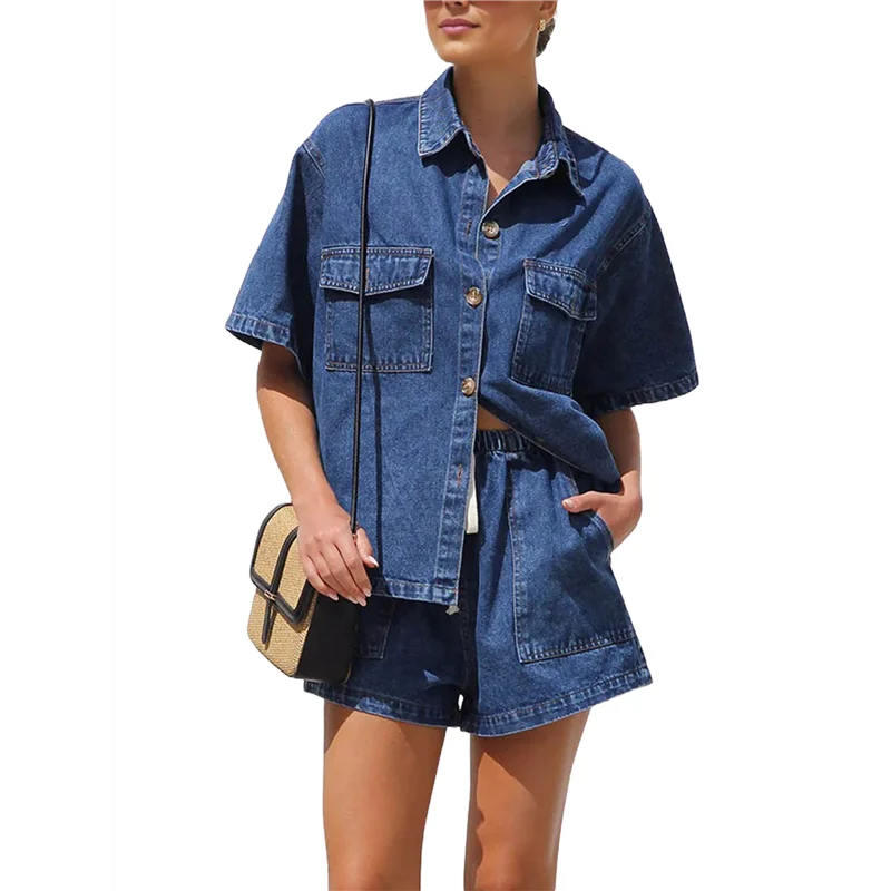 

ABRT-Women's Denim 2 Piece Outfits Short Sleeve Button Down Shirt Drawstring Shorts Set Casual Jean Outfits