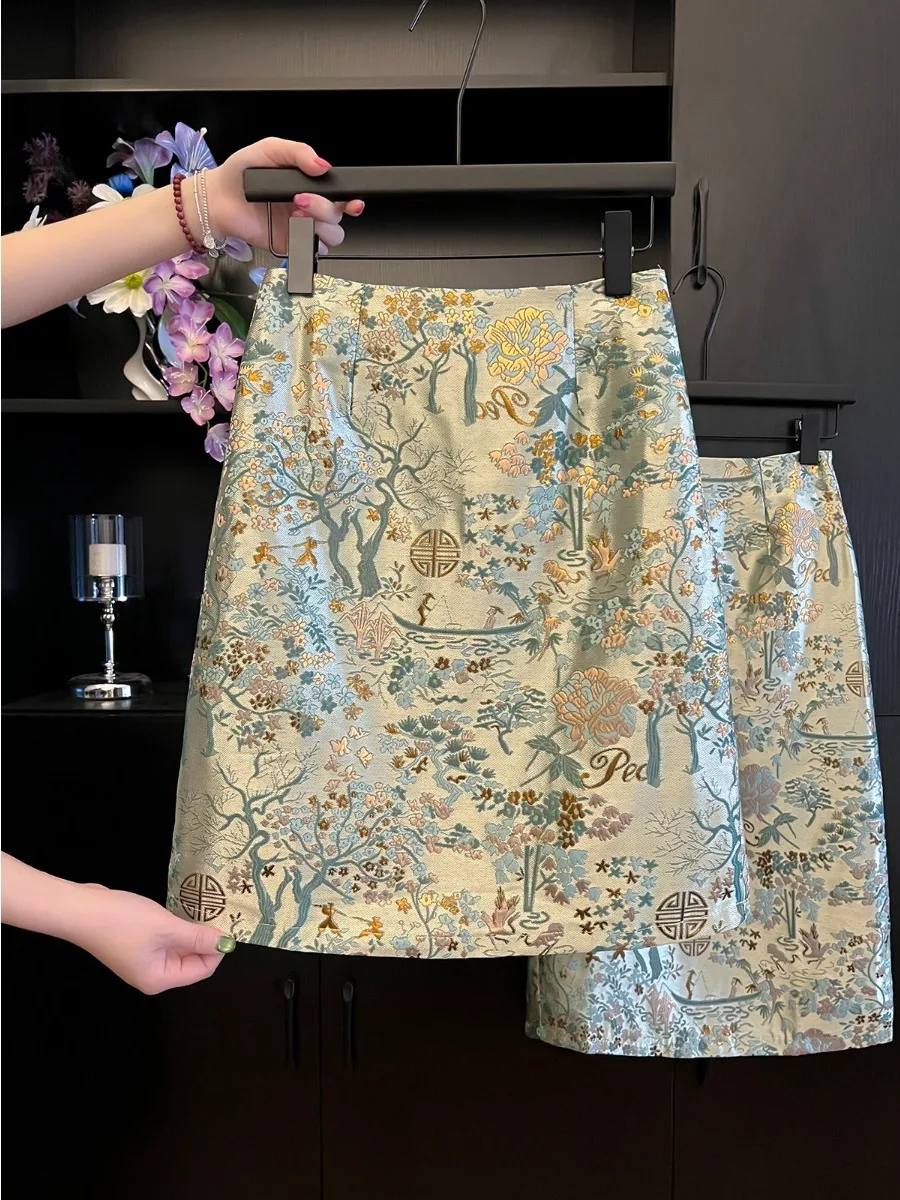 جديد الصينية Sle المطرزة الأزهار f تنورة المرأة أوائل الخريف الرجعية Faion با سبليت خطوة واحدة Bodycon ألف خط تنورة #3