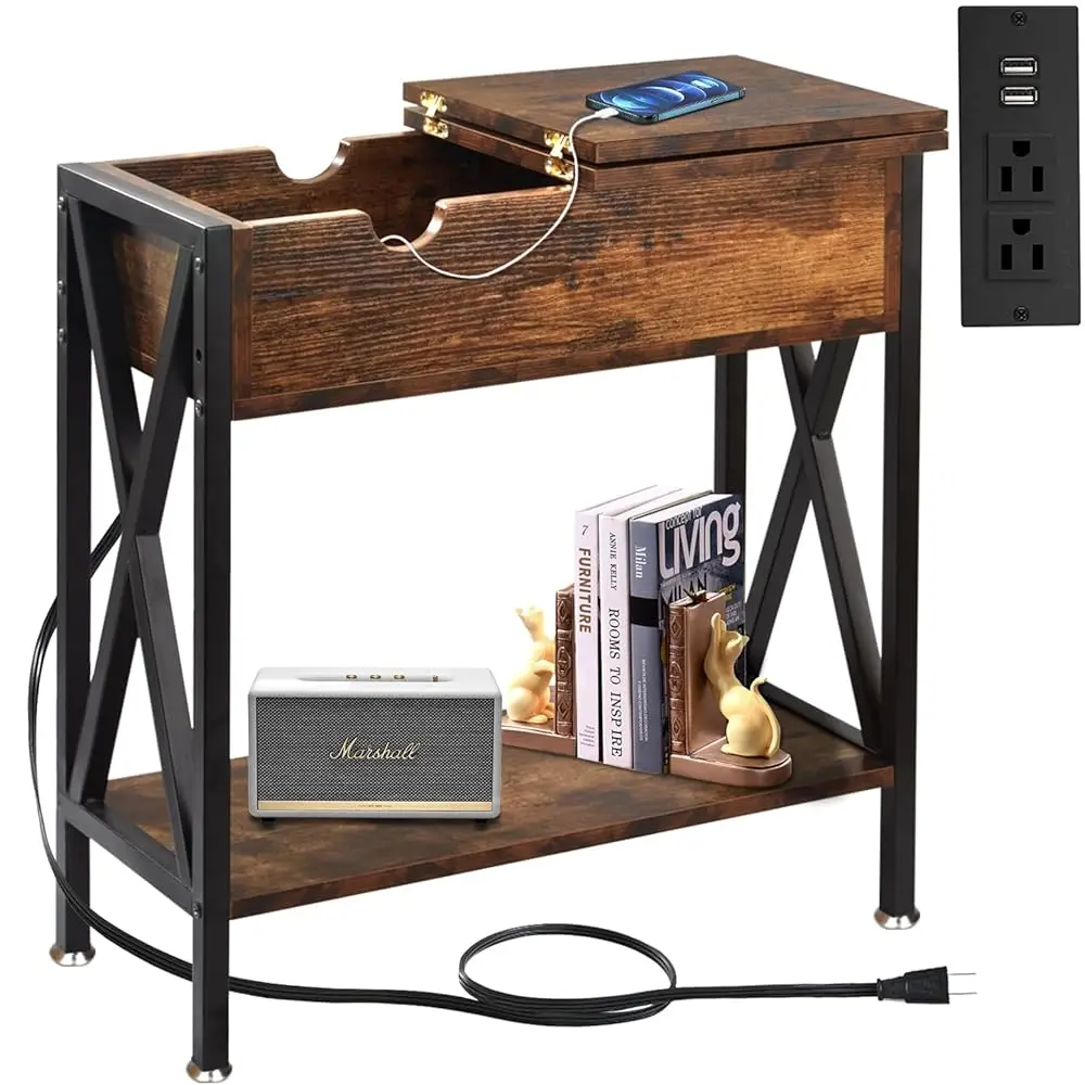 

End Tables Living Room With Charging Station, 11.2"" D X 24"" W X 24"" H, Flip Top Side Table With Usb Ports And Outlets, Couch