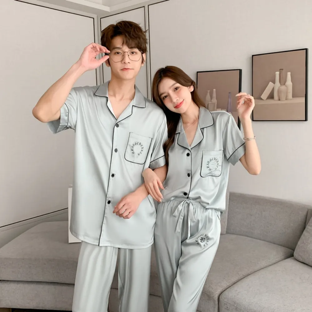 

New Couple Fashion Short Sleeve Long Pants Ice Silk Pajamas Men's and Women's Home Furnishing Set Minimalist