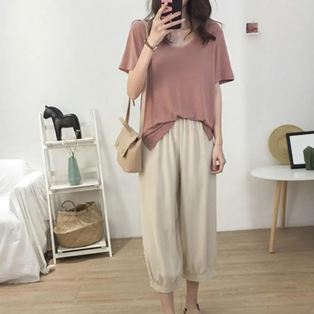 Women T-shirt Stylish Women's V-neck T-shirt Collection Loose Fit Summer Tops with Side Slit Hem Solid Color Stretchy for Daily